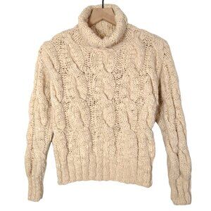 Womens Vintage Hand Knit Chunky Cable Pullover Sweater Cream 100% Wool Size XS
